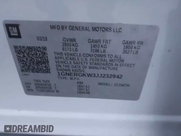 2018 Chevrolet Traverse LT Cloth with VIN 1GNERGKW3JJ232942, listed as a IAAI auction lot 41840374 with 96,701 mi miles. Bid and sale history available at carsss.com. Image 9.