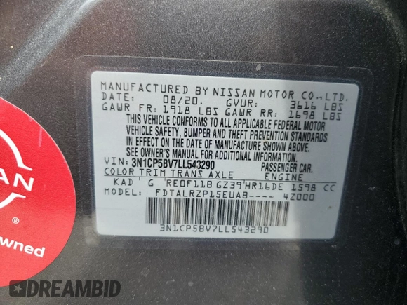 2020 Nissan Kicks S z VIN 3N1CP5BV7LL543290, wystawiony jako Copart lot #54612345 z przebiegiem 66 343 mil mil oraz Szkoda całkowita • Salvage title. Historia ofert i sprzedaży dostępna na DreamBid. Obrazek 13.