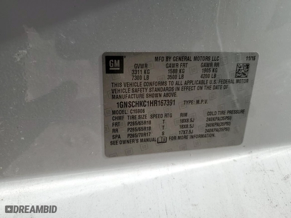 2017 Chevrolet Suburban LT with VIN 1GNSCHKC1HR167391, listed as a Copart auction lot 72775204 with 168,425 mi miles and Salvage Title. Bid and sale history available at carsss.com. Image 14.