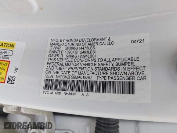 2021 Honda Accord Touring with VIN 1HGCV2F96MA018262, listed as a IAAI auction lot 42498042 with 66,038 mi miles and . Bid and sale history available at DreamBid. Image 9.