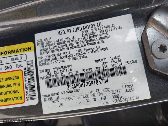 2016 Ford Fusion SE with VIN 3FA6P0H73GR185734, listed as a IAAI auction lot 41683530 with 138,976 mi miles. Bid and sale history available at carsss.com. Image 9.