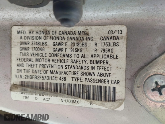 2013 Honda Civic LX with VIN 2HGFB2F57DH541438, listed as a IAAI auction lot 42442852 with Not provided miles and . Bid and sale history available at DreamBid. Image 9.