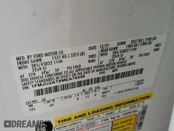 2021 Ford Expedition Limited z VIN 1FMJU2AT8MEA78558, wystawiony jako Copart lot #45242225 z przebiegiem 73 445 mil mil oraz Szkoda całkowita • Salvage title. Historia ofert i sprzedaży dostępna na DreamBid. Obrazek 15.