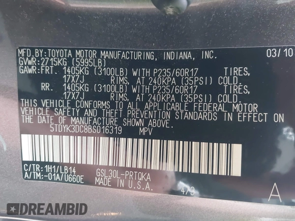 2011 Toyota Sienna XLE AAS with VIN 5TDYK3DC8BS016319, listed as a IAAI auction lot 42186294 with 293,401 mi miles and . Bid and sale history available at DreamBid. Image 9.