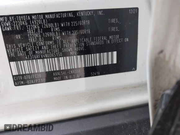 2022 Toyota RAV4 Hybrid SE with VIN 4T3T6RFV4NU065150, listed as a IAAI auction lot 42166772 with 69,868 mi miles and . Bid and sale history available at DreamBid. Image 9.
