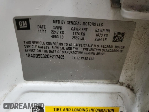 2012 Buick LaCrosse Premium 1 with VIN 1G4GD5E32CF217405, listed as a Copart auction lot 44862175 with 68,704 mi miles and Salvage Title. Bid and sale history available at carsss.com. Image 12.