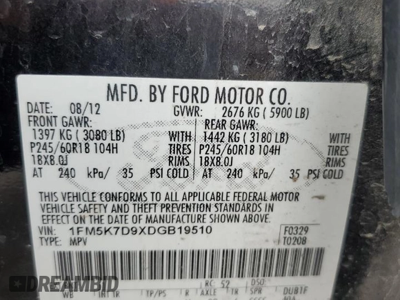 2013 Ford Explorer XLT with VIN 1FM5K7D9XDGB19510, listed as a Copart auction lot 60783195 with 193,053 mi miles and Clean title. Bid and sale history available at DreamBid. Image 13.