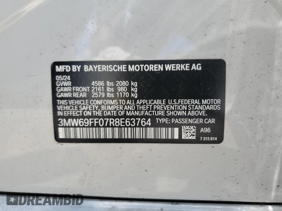 2024 BMW 3 Series 330i z VIN 3MW69FF07R8E63764, wystawiony jako Copart lot #57039575 z przebiegiem 5 355 mil mil oraz Szkoda całkowita • Salvage title. Historia ofert i sprzedaży dostępna na DreamBid. Obrazek 12.
