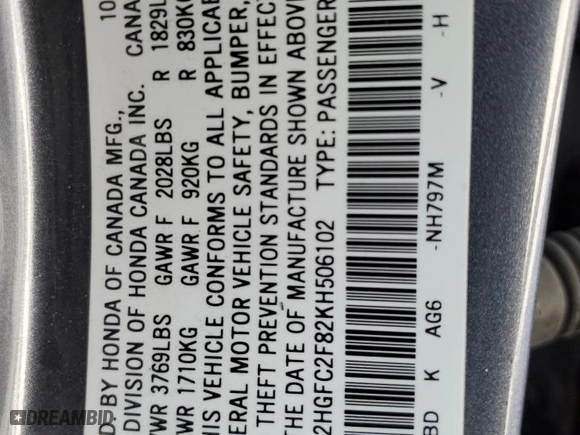 2019 Honda Civic Sedan Sport with VIN 2HGFC2F82KH506102, listed as a Copart auction lot 44227105 with 107,452 mi miles and Salvage Title. Bid and sale history available at carsss.com. Image 15.