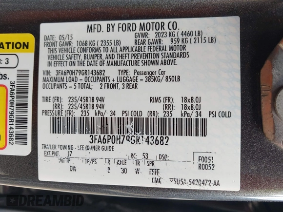 2016 Ford Fusion SE with VIN 3FA6P0H79GR143682, listed as a IAAI auction lot 41969950 with 138,083 mi miles and . Bid and sale history available at DreamBid. Image 9.