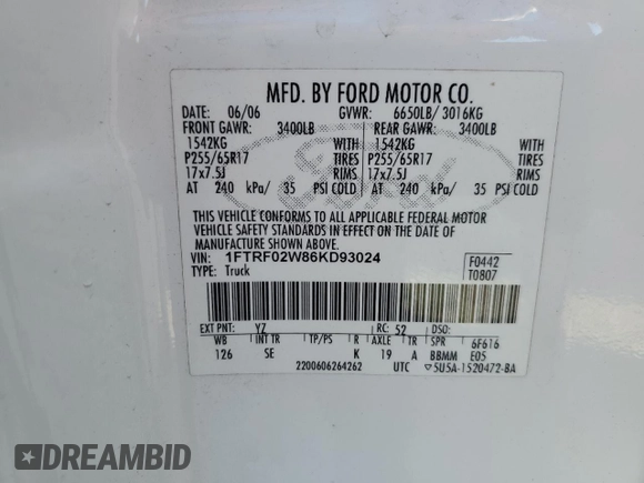 2006 Ford F-150 STX with VIN 1FTRF02W86KD93024, listed as a Copart auction lot 84327634 with 153,529 mi miles and Salvage Title. Bid and sale history available at carsss.com. Image 12.