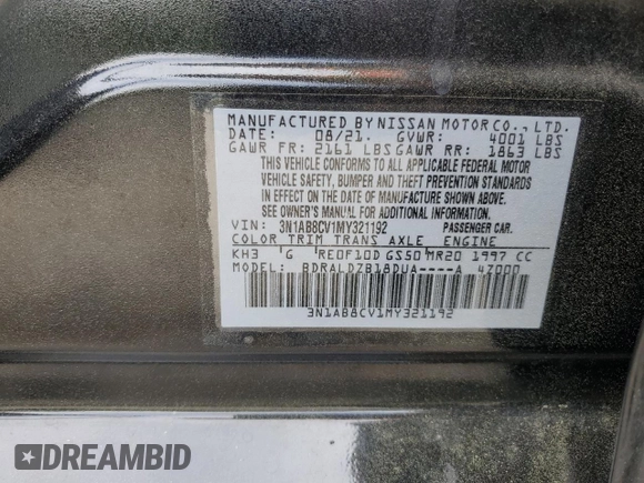2021 Nissan Sentra SV with VIN 3N1AB8CV1MY321192, listed as a Copart auction lot 51963895 with 64,134 mi miles and Salvage Title. Bid and sale history available at DreamBid. Image 12.