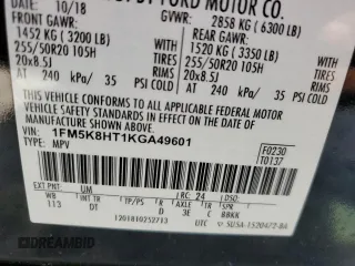 2019 Ford Explorer Platinum z VIN 1FM5K8HT1KGA49601, wystawiony jako Copart lot #56636955 z przebiegiem 56 913 mil mil oraz Szkoda całkowita • Salvage title. Historia ofert i sprzedaży dostępna na DreamBid. Obrazek 13.