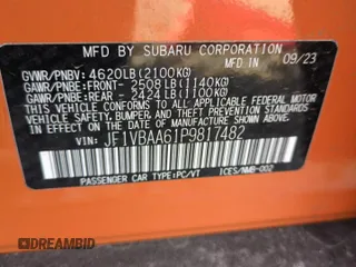 2023 Subaru WRX with VIN JF1VBAA61P9817482, listed as a Copart auction lot 50839895 with 6,127 mi miles and Salvage title. Bid and sale history available at DreamBid. Image 12.