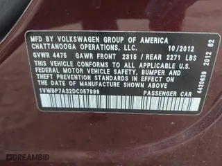 2013 Volkswagen Passat SE w/Sunroof with VIN 1VWBP7A32DC057999, listed as a IAAI auction lot 42040398 with 79,087 mi miles. Bid and sale history available at carsss.com. Image 9.