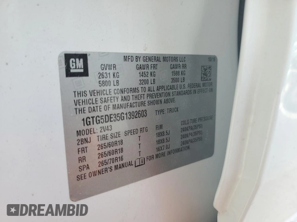 2016 GMC Canyon 2WD SLT with VIN 1GTG5DE35G1392603, listed as a Copart auction lot 75106754 with 0 mi miles and Non Repairable. Bid and sale history available at carsss.com. Image 13.