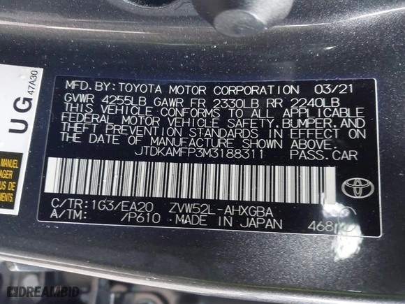 2021 Toyota Prius Prime LE with VIN JTDKAMFP3M3188311, listed as a IAAI auction lot 41668815 with 41,167 mi miles. Bid and sale history available at carsss.com. Image 9.