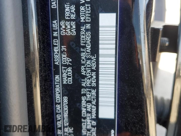2024 Volvo S60 Plus Black Edition with VIN 7JRL12TH1RG307089, listed as a Copart auction lot 61019125 with 24,675 mi miles and Salvage title. Bid and sale history available at DreamBid. Image 13.