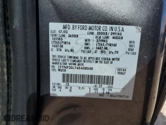 2004 Ford F-250 XL z VIN 1FTNF20L74EA08048, wystawiony jako Copart lot #49302705 z przebiegiem 232 336 mil mil oraz Szkoda całkowita • Salvage title. Historia ofert i sprzedaży dostępna na DreamBid. Obrazek 12.