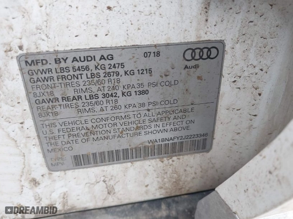 2018 Audi Q5 Premium Plus with VIN WA1BNAFY2J2223346, listed as a IAAI auction lot 41640213 with 100,540 mi miles. Bid and sale history available at carsss.com. Image 9.
