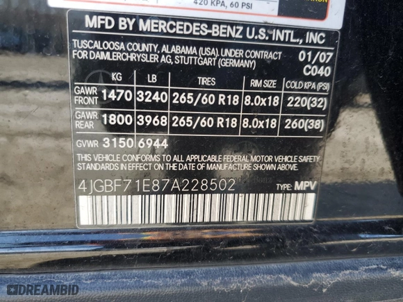 2007 Mercedes-Benz GL-Class with VIN 4JGBF71E87A228502, listed as a Copart auction lot 46227805 with NaN miles and Salvage Title. Bid and sale history available at carsss.com. Image 15.