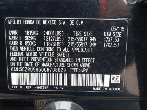 2016 Honda HR-V EX with VIN 3CZRU5H50GM708629, listed as a IAAI auction lot 41402371 with 103,495 mi miles. Bid and sale history available at carsss.com. Image 9.