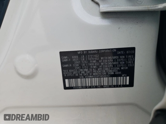2023 Subaru Ascent Limited z VIN 4S4WMASDXP3453017, wystawiony jako Copart lot #85216844 z przebiegiem 38 547 mil mil oraz Szkoda całkowita • Salvage title. Historia ofert i sprzedaży dostępna na DreamBid. Obrazek 13.