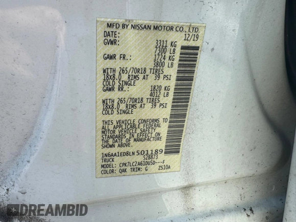 2020 Nissan Titan with VIN 1N6AA1ED8LN5011, listed as a Copart auction lot 67142895 with 132,686 mi miles and Clean title. Bid and sale history available at DreamBid. Image 10.