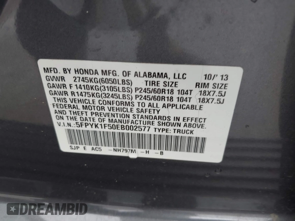 2014 Honda Ridgeline RTL with VIN 5FPYK1F50EB002577, listed as a IAAI auction lot 41931258 with 147,665 mi miles. Bid and sale history available at carsss.com. Image 9.