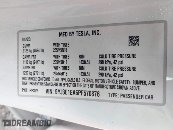 2023 Tesla Model 3 z VIN 5YJ3E1EA6PF570876, wystawiony jako IAAI lot #42366310 z przebiegiem 13 005 mil mil oraz . Historia ofert i sprzedaży dostępna na DreamBid. Obrazek 9.