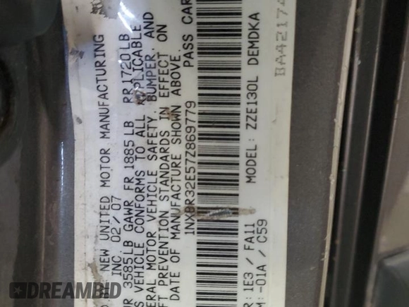 2007 Toyota Corolla CE with VIN 1NXBR32E57Z869779, listed as a Copart auction lot 52395595 with 168,794 mi miles and Clean Title. Bid and sale history available at DreamBid. Image 12.