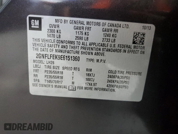 2014 Chevrolet Equinox LT z VIN 2GNFLFEK9E6151360, wystawiony jako Copart lot #56969705 z przebiegiem Nie podano mil oraz Szkoda całkowita • Salvage title. Historia ofert i sprzedaży dostępna na DreamBid. Obrazek 12.
