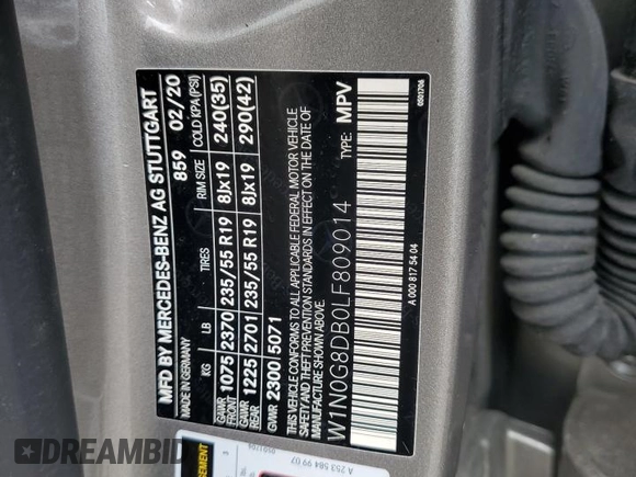 2020 Mercedes-Benz GLC 300 with VIN W1N0G8DB0LF809014, listed as a Copart auction lot 63771045 with 54,110 mi miles and Salvage title. Bid and sale history available at DreamBid. Image 13.
