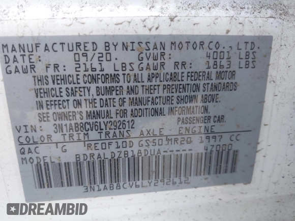 2020 Nissan Sentra SV z VIN 3N1AB8CV6LY292612, wystawiony jako IAAI lot #41924671 z przebiegiem 104 253 mil mil oraz . Historia ofert i sprzedaży dostępna na DreamBid. Obrazek 9.
