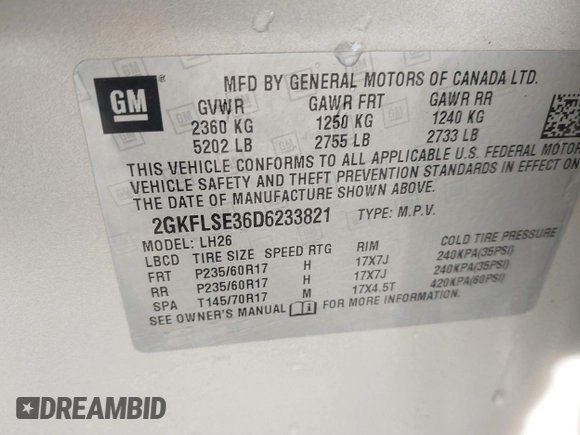 2013 GMC Terrain SLE with VIN 2GKFLSE36D6233821, listed as a IAAI auction lot 41662874 with 136,333 mi miles. Bid and sale history available at carsss.com. Image 9.