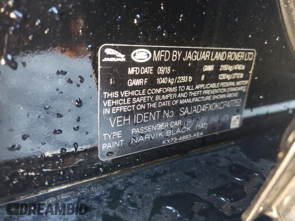2019 Jaguar XE 25t Premium with VIN SAJAD4FX0KCP47752, listed as a Copart auction lot 87011974 with 32,124 mi miles and Salvage Title. Bid and sale history available at carsss.com. Image 12.