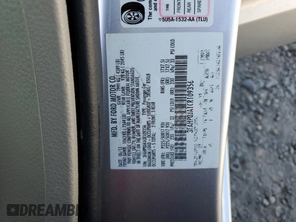 2012 Ford Fusion SEL with VIN 3FAHP0JA1CR109356, listed as a Copart auction lot 59916455 with 62,956 mi miles and Salvage title. Bid and sale history available at DreamBid. Image 12.