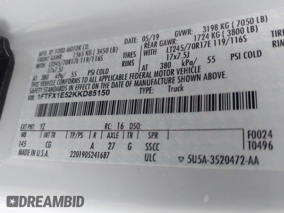 2019 Ford F-150 XL with VIN 1FTFX1E52KKD85150, listed as a IAAI auction lot 42124342 with 122,760 mi miles. Bid and sale history available at carsss.com. Image 9.