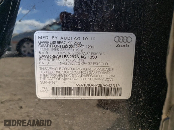 2011 Audi Q5 Premium Plus with VIN WA1DKAFP3BA042319, listed as a Copart auction lot 52909495 with 136,866 mi miles and Salvage title. Bid and sale history available at DreamBid. Image 12.