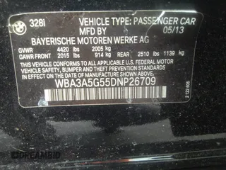 2013 BMW 3 Series 328i with VIN WBA3A5G55DNP26709, listed as a IAAI auction lot 37057796 with 103,168 mi miles and . Bid and sale history available at DreamBid. Image 9.