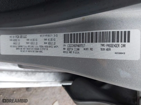 2015 Chrysler 200 Limited with VIN 1C3CCCAB3FN697217, listed as a IAAI auction lot 41536433 with 194,840 mi miles. Bid and sale history available at carsss.com. Image 9.
