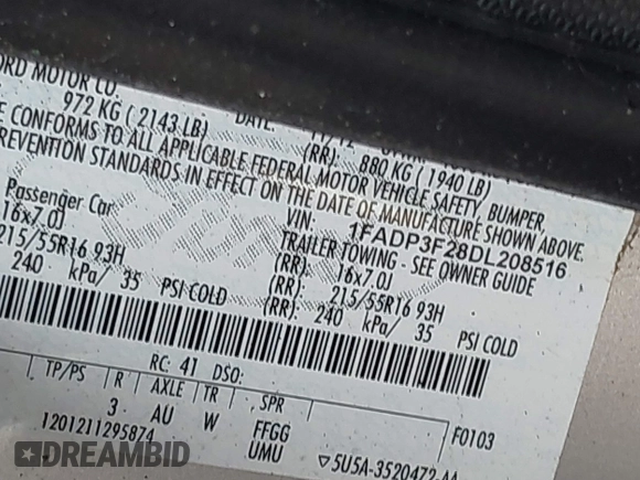 2013 Ford Focus SE with VIN 1FADP3F28DL208516, listed as a IAAI auction lot 42399006 with 103,869 mi miles and . Bid and sale history available at DreamBid. Image 9.