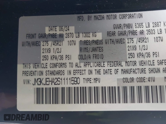 2025 Mazda CX-70 Premium Plus with VIN JM3KJEHA2S1111590, listed as a IAAI auction lot 41650609 with 5,377 mi miles and . Bid and sale history available at DreamBid. Image 9.