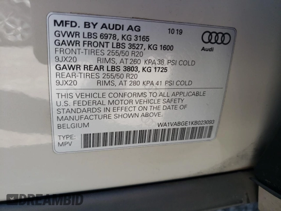 2019 Audi e-tron Prestige with VIN WA1VABGE1KB023093, listed as a Copart auction lot 48008653 with 45,531 mi miles. Bid and sale history available at carsss.com. Image 13.
