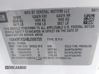 2011 GMC Acadia Denali with VIN 1GKKRTED4BJ368730, listed as a IAAI auction lot 41787329 with 193,777 mi miles and . Bid and sale history available at DreamBid. Image 9.