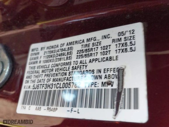 2012 Honda Crosstour EX with VIN 5J6TF3H31CL005782, listed as a IAAI auction lot 41278643 with 93,122 mi miles. Bid and sale history available at carsss.com. Image 9.