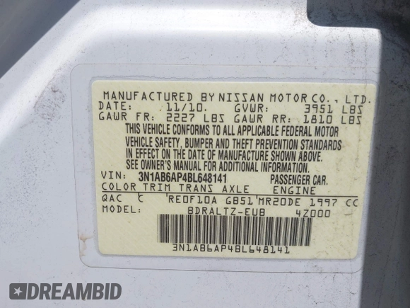 2011 Nissan Sentra SL with VIN 3N1AB6AP4BL648141, listed as a IAAI auction lot 42403066 with Not provided miles and . Bid and sale history available at DreamBid. Image 9.