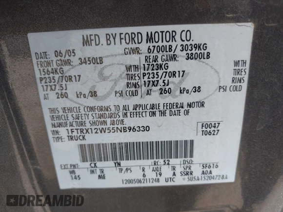 2005 Ford F-150 STX with VIN 1FTRX12W55NB96330, listed as a IAAI auction lot 42511439 with 234,959 mi miles and . Bid and sale history available at DreamBid. Image 9.