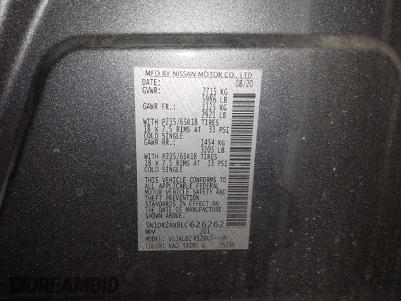 2020 Nissan Pathfinder S with VIN 5N1DR2AN8LC626262, listed as a IAAI auction lot 41901620 with 83,744 mi miles and . Bid and sale history available at DreamBid. Image 9.