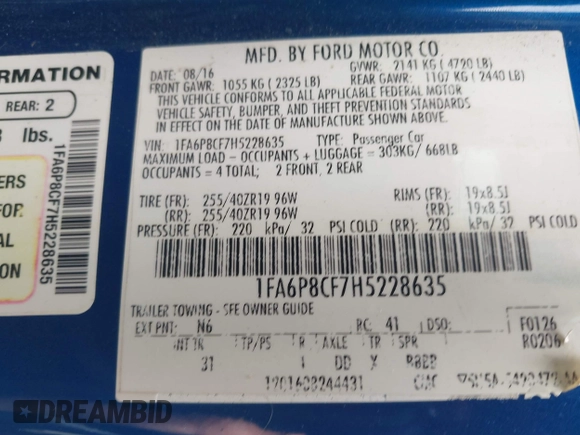 2017 Ford Mustang GT z VIN 1FA6P8CF7H5228635, wystawiony jako IAAI lot #42288165 z przebiegiem 95 846 mil mil oraz . Historia ofert i sprzedaży dostępna na DreamBid. Obrazek 9.